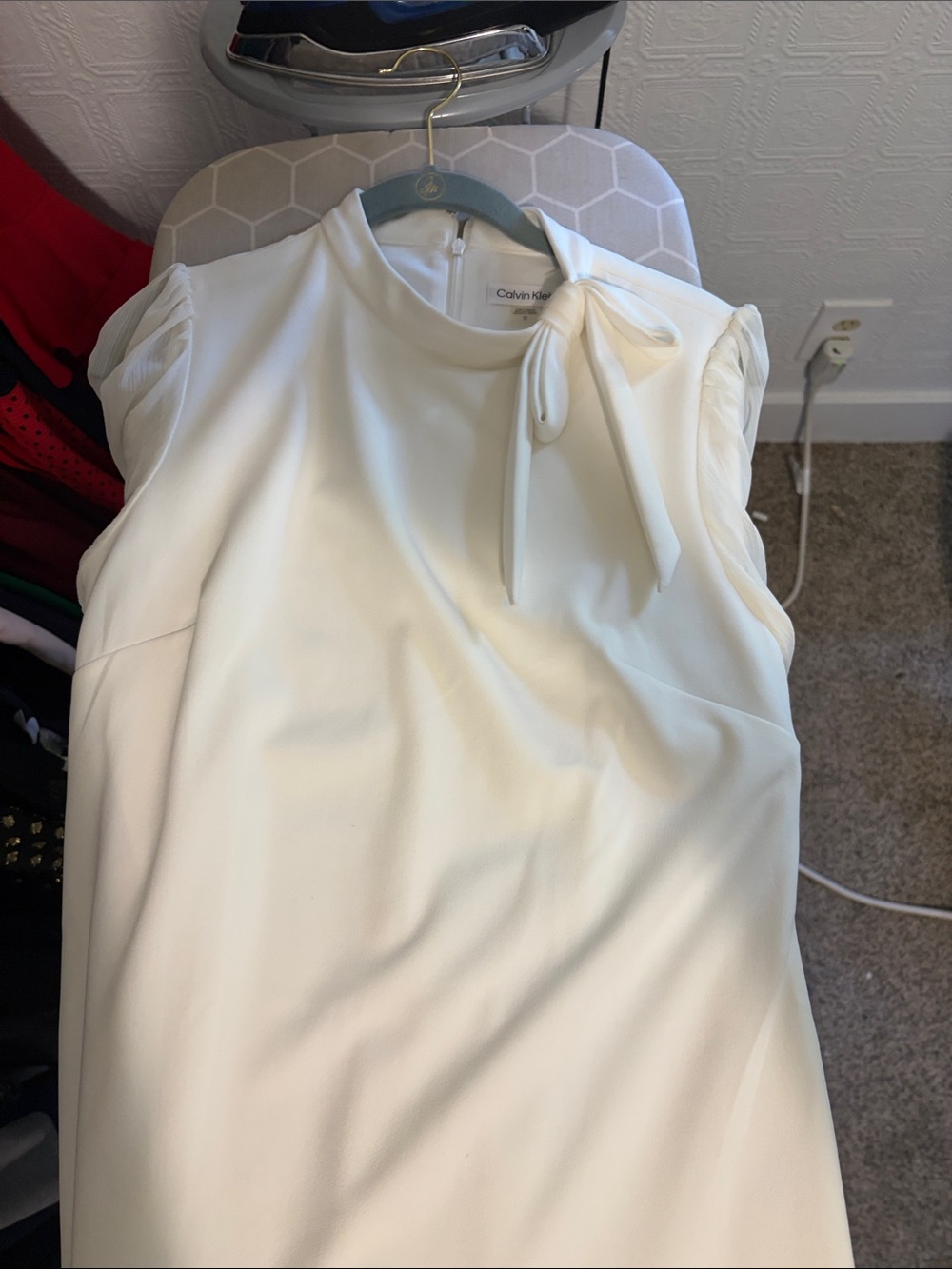 Calvin Klein Cream Sleeveless Midi Dress with Tie Neck